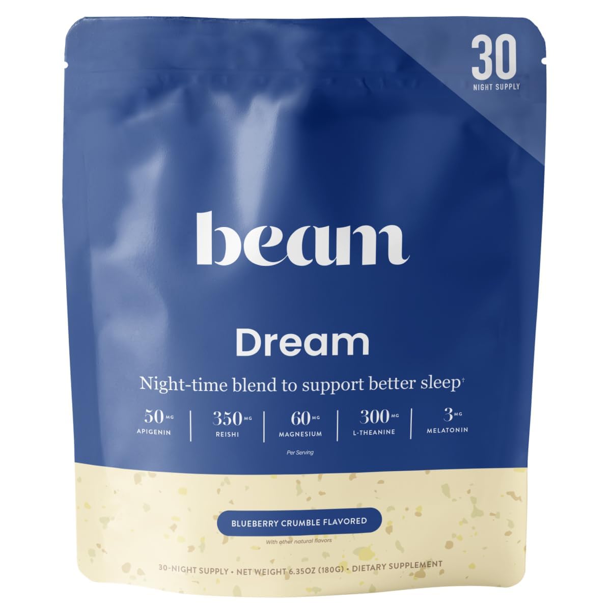 Beam Dream Sleep Powder, Natural Sleep Aid and Magnesium Hot Cocoa Drink for Adults, Calming Sleep Supplement with Apigenin, Nighttime Sleep Drink Powder, Third Party Tested Supplement, 30 Servings