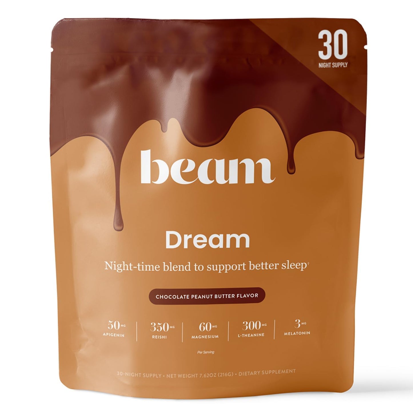 Beam Dream Sleep Powder, Natural Sleep Aid and Magnesium Hot Cocoa Drink for Adults, Calming Sleep Supplement with Apigenin, Nighttime Sleep Drink Powder, Third Party Tested Supplement, 30 Servings