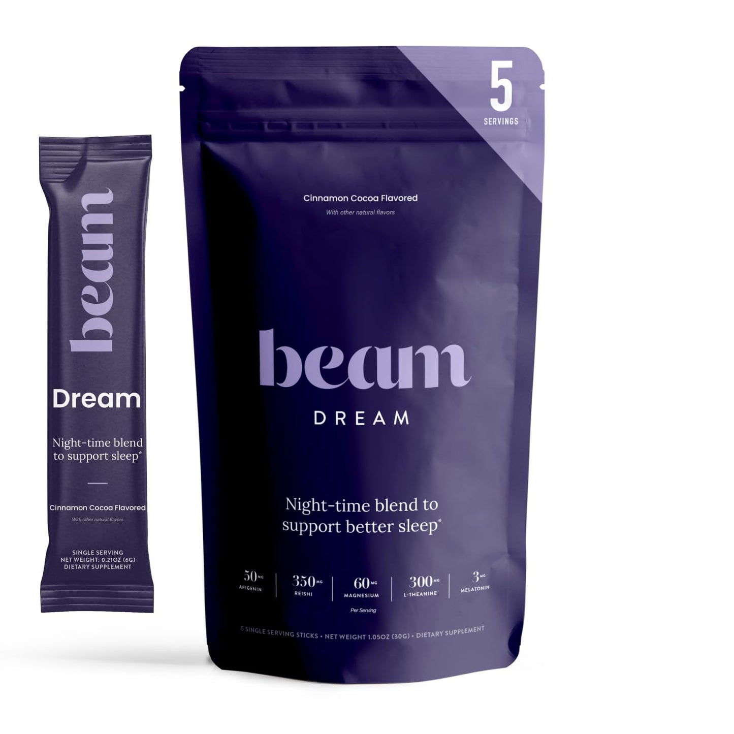 Beam Dream Sleep Powder, Natural Sleep Aid and Magnesium Hot Cocoa Drink for Adults, Calming Sleep Supplement with Apigenin, Nighttime Sleep Drink Powder, Third Party Tested Supplement, 30 Servings