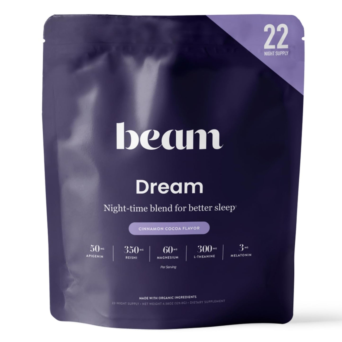 Beam Dream Sleep Powder, Natural Sleep Aid and Magnesium Hot Cocoa Drink for Adults, Calming Sleep Supplement with Apigenin, Nighttime Sleep Drink Powder, Third Party Tested Supplement, 30 Servings