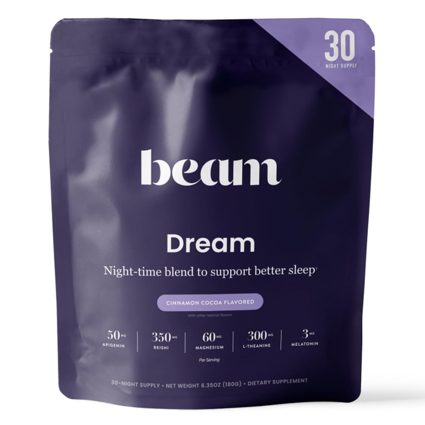 Beam Dream Sleep Powder, Natural Sleep Aid and Magnesium Hot Cocoa Drink for Adults, Calming Sleep Supplement with Apigenin, Nighttime Sleep Drink Powder, Third Party Tested Supplement, 30 Servings