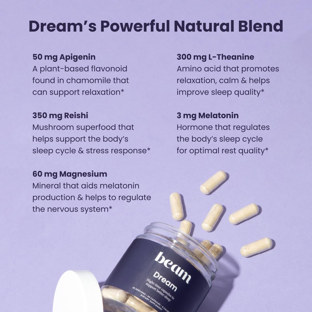 Beam Dream Sleep Capsules, Sleep Supplement, Sleep Aids for Adults, Contains Magnesium, Melatonin, L Theanine, Apigenin, Natural Sleep Aid, Vegan, Non GMO, Dairy Free, 3rd Party Tested, 30 Servings