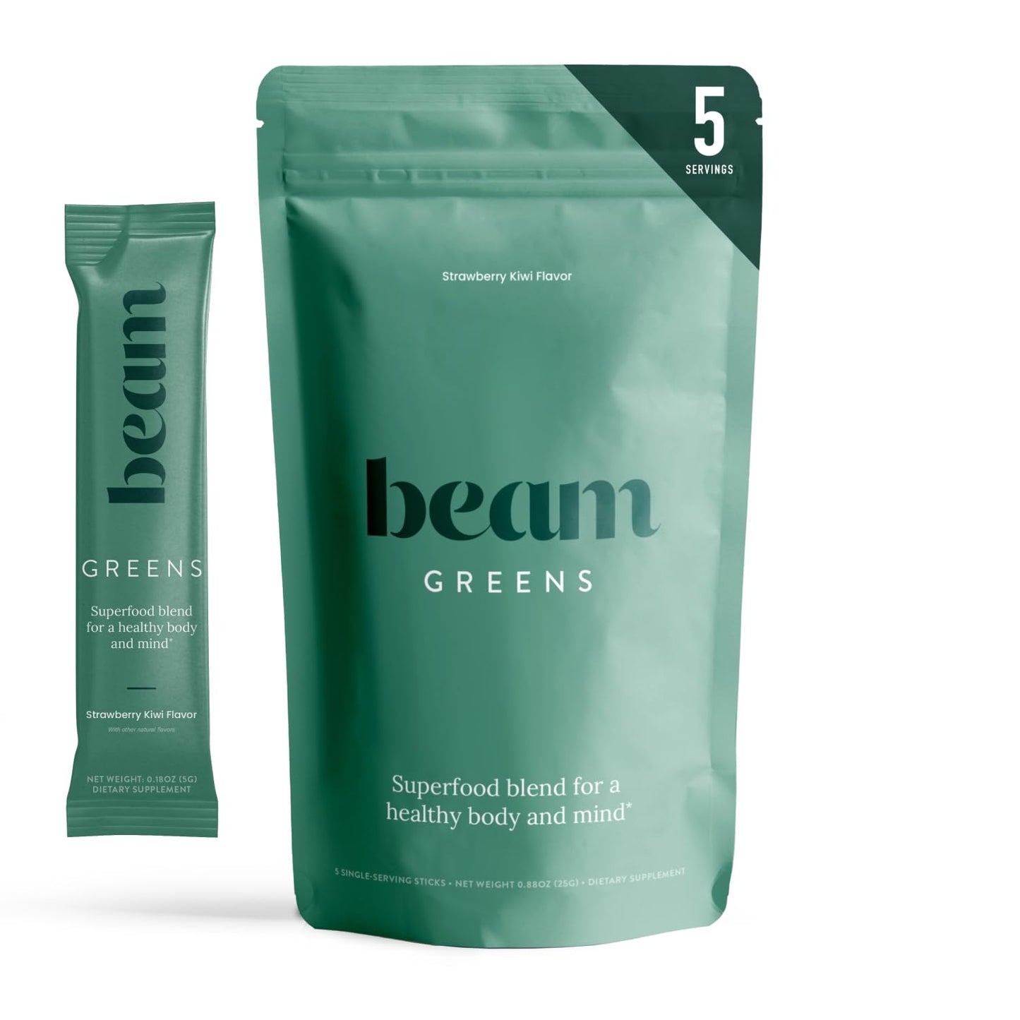 Beam Greens Powder, Superfood Supplement for Gut Health, Vegan Organic Blend with Ashwagandha, Vitamin C, B12, B6, D, Non-GMO Daily Detox & Immune Support, Strawberry Kiwi Flavor, 15 Servings