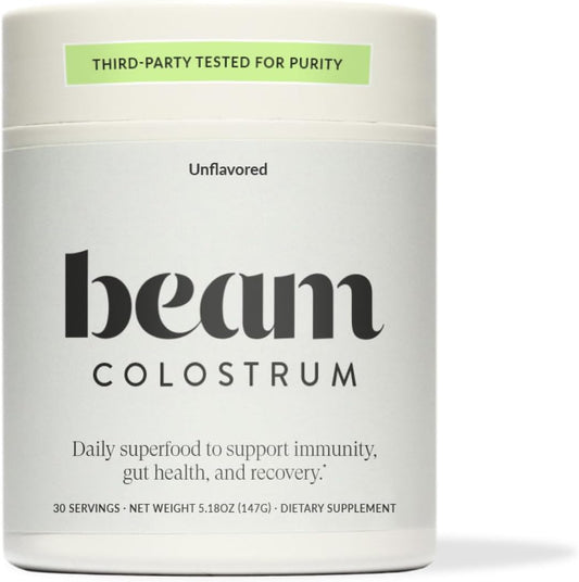 Beam Colostrum Powder – Gut Health, Immune Support & Recovery Supplement – 3g per Serving – Grass-Fed, Third-Party Tested, Pure Whole Bovine Colostrum – No Fillers, Non-GMO, 30 Servings
