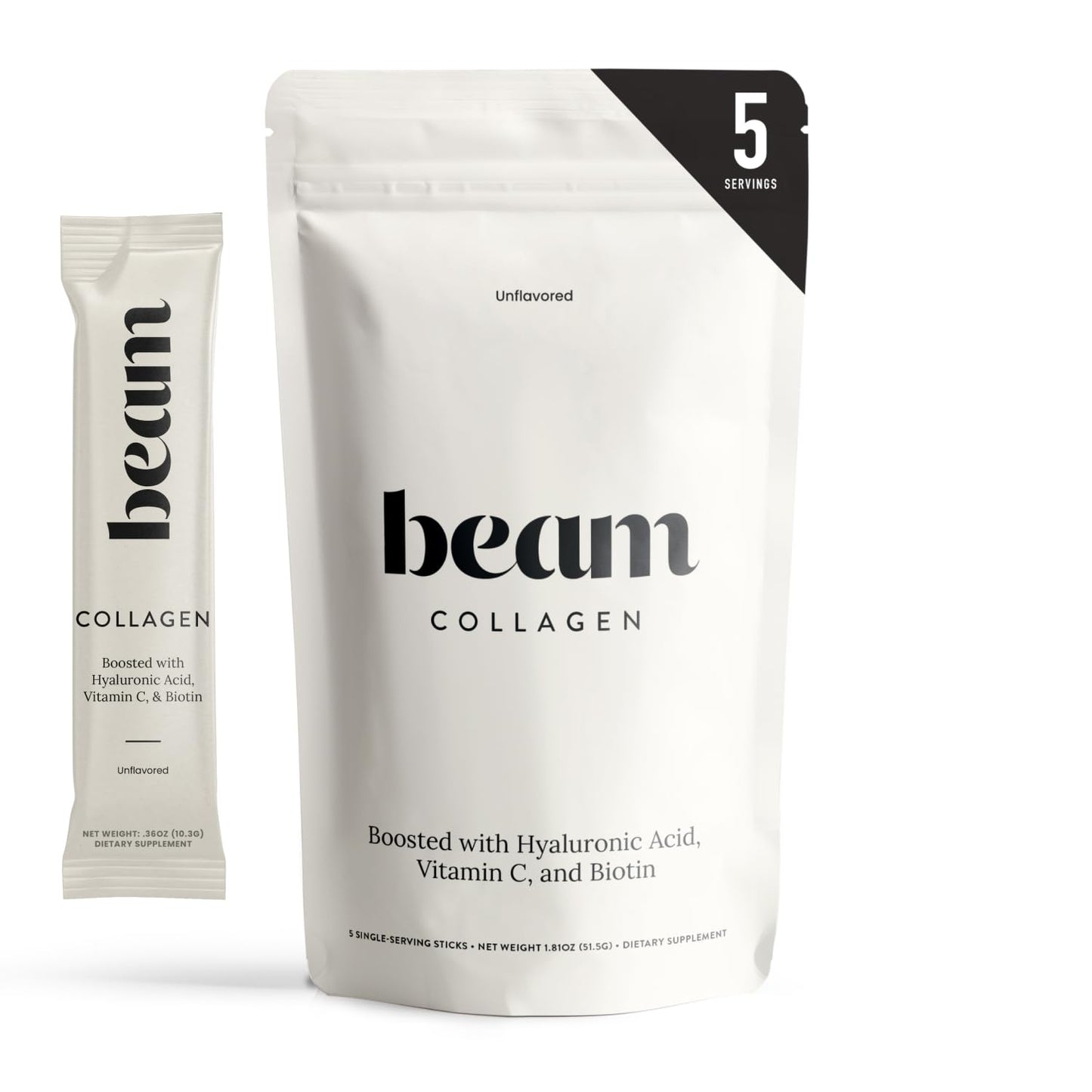 Beam Collagen Powder, Collagen for Women, Collagen with Hyaluronic Acid, Collagen Peptides Type 1 and 3, with Biotin, Grass Fed Bovine, Third-Party Tested, Best for Coffee, Vitamin C, 30 Servings