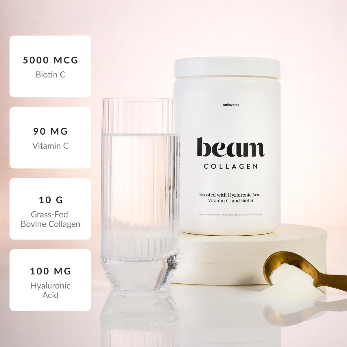 Beam Collagen Powder, Collagen for Women, Collagen with Hyaluronic Acid, Collagen Peptides Type 1 and 3, with Biotin, Grass Fed Bovine, Third-Party Tested, Best for Coffee, Vitamin C, 30 Servings