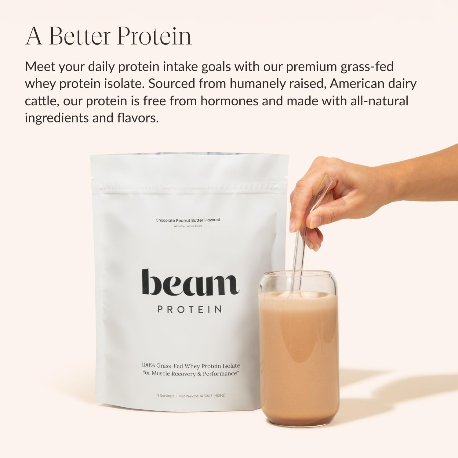 Beam Grass Fed Whey Protein Powder – Chocolate Peanut Butter, 12 Servings, 22g Protein Per Serving, Clean Whey Isolate & Concentrate, Low Carb, Paleo Friendly, GMO Free, Gluten Free, 3rd Party Tested