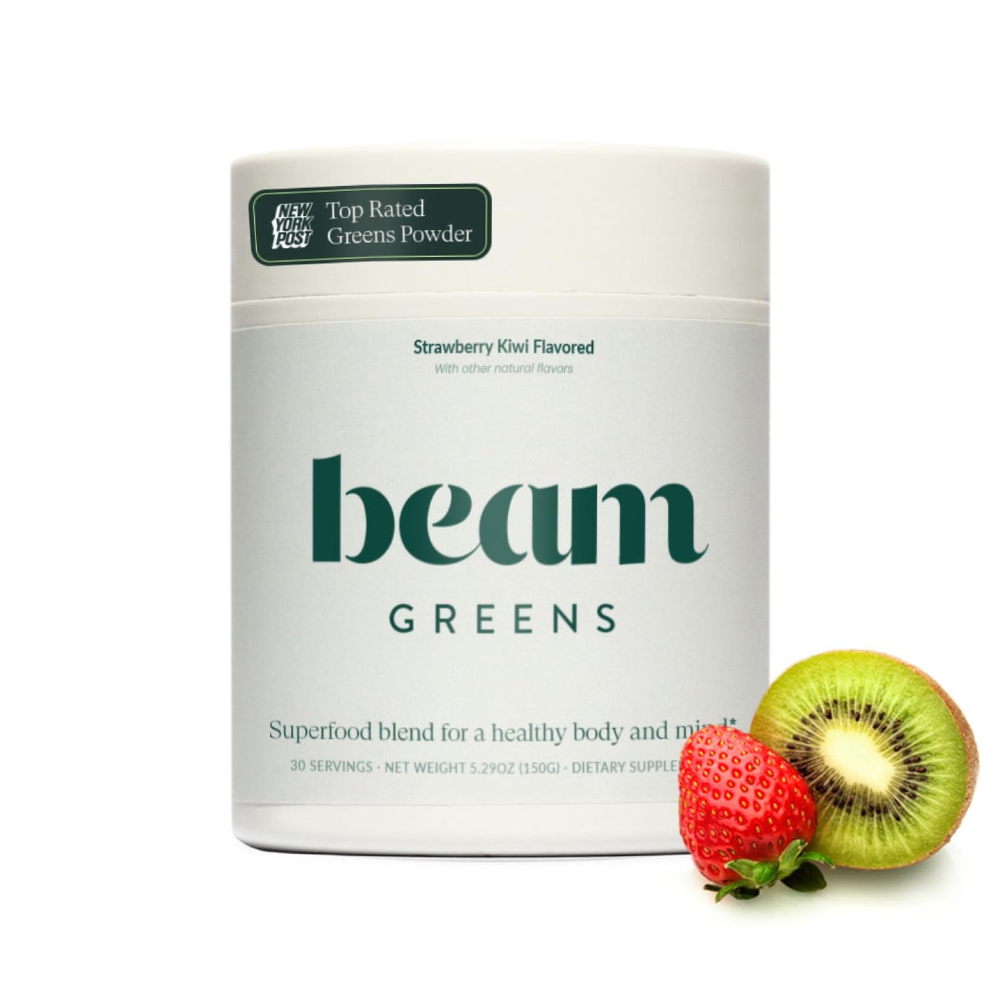 Beam Greens Powder, Superfood Supplement for Gut Health, Vegan Organic Blend with Ashwagandha, Vitamin C, B12, B6, D, Non-GMO Daily Detox & Immune Support, Strawberry Kiwi Flavor, 15 Servings