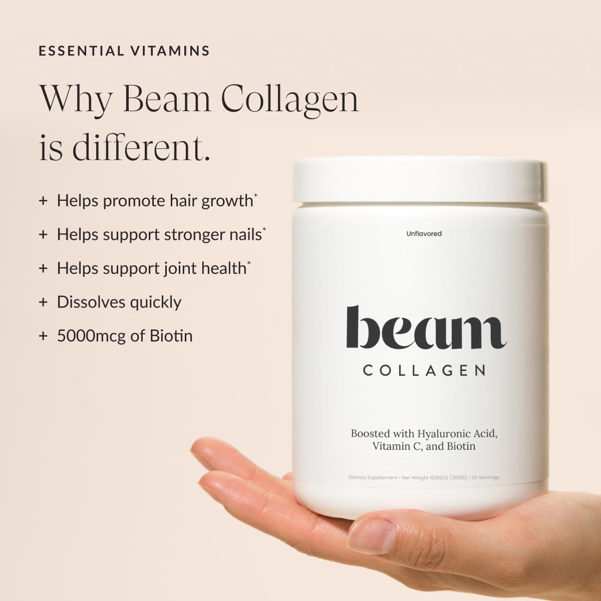 Beam Collagen Powder, Collagen for Women, Collagen with Hyaluronic Acid, Collagen Peptides Type 1 and 3, with Biotin, Grass Fed Bovine, Third-Party Tested, Best for Coffee, Vitamin C, 30 Servings