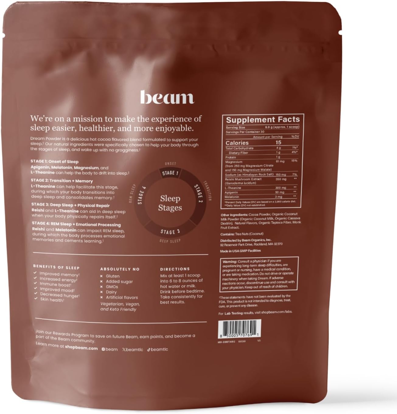 Beam Dream Sleep Powder, Natural Sleep Aid and Magnesium Hot Cocoa Drink for Adults, Calming Sleep Supplement with Apigenin, Nighttime Sleep Drink Powder, Third Party Tested Supplement, 30 Servings