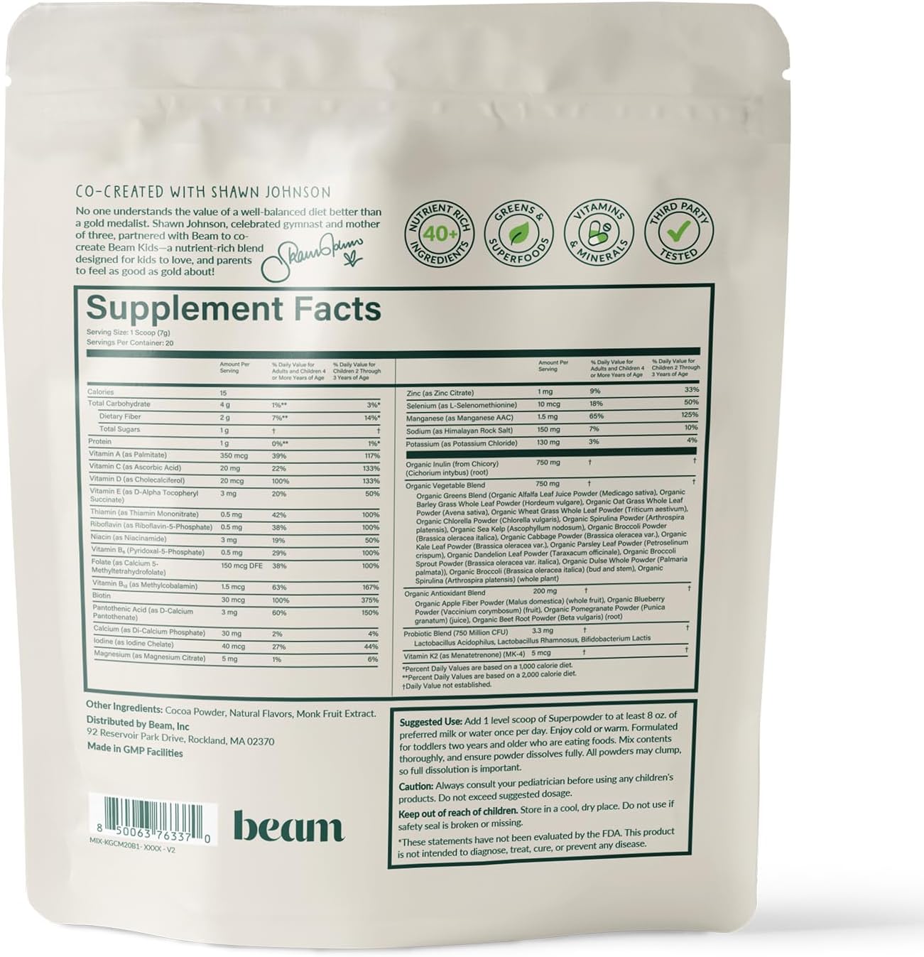 Beam Kids All in One Superfood Powder, Nutritional Shake, Organic Greens, Probiotics, Vitamins, Immune Support, Gut Health, Superfood Drink, Daily Nutrition for Children, No Artificial Sweeteners