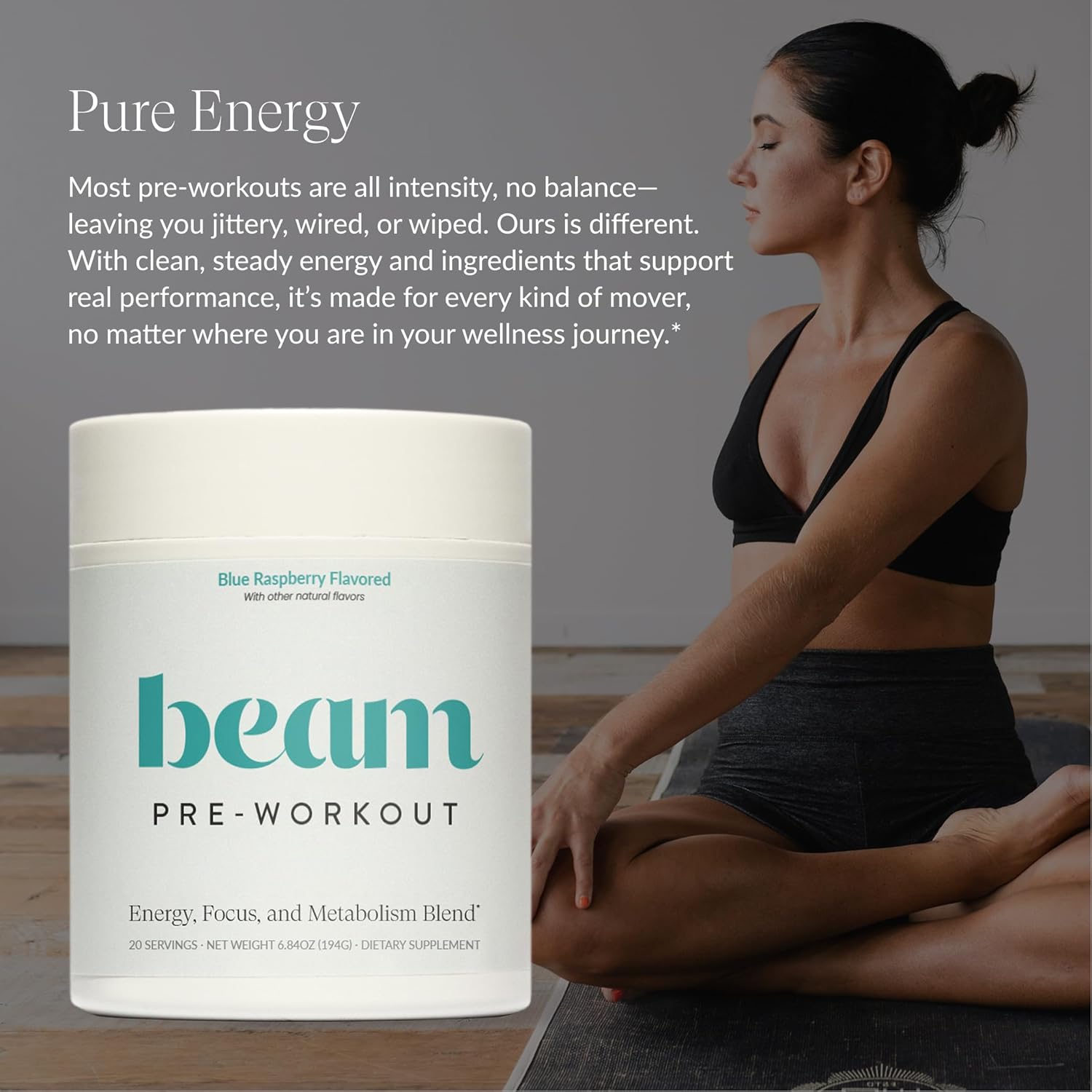 Beam Pre Workout Powder for Energy, Focus & Endurance – Natural Caffeine from PurCaf, Cognizin, Electrolytes, L-Citrulline, Beta-Alanine, L-Theanine – No Crash, Jitter-Free, 20 Servings